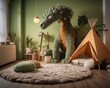 © Glittering Humanity - A minimalistic scandinavian nursery featuring a giraffe bed, mockup furniture, and a dinosaur statue on the floor adds a playful and whimsical touch to any bedroom interior