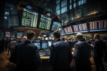 Poster - A bustling stock exchange floor with traders in action, symbolizing financial markets and investments. Generative Ai.