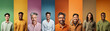 Collage of mixed race happy adult men on bright backgrounds, panorama. Lot of smiling multicultural faces looking at camera. Human resource society database concept.