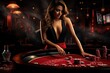 Beautiful woman dealer in casino, plays poker blackjack roulette in the casino