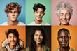 Collage of mixed race happy people on bright backgrounds, panorama. Lot of smiling multicultural faces looking at camera. Human resource society database concept.