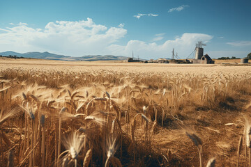 Poster - a sustainable agriculture field with wind turbines in the background, illustrating agrovoltaics. gen