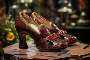Poster - a close-up of an iconic movie prop, the ruby slippers signifying fantasy and adventure. generative a