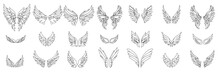 Angel's Wings In Doodle Style Collection Isolated On White Background. Hand Drawn Outline Wings. Vector Illustration.