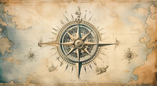 Vintage Compass Background. Adventure, Discovery, Navigation, Geography, Education, Pirate And Travel Theme Concept Background. History And Geography Team. Retro Style.