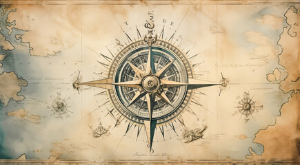 Vintage compass background. Adventure, discovery, navigation, geography, education, pirate and travel theme concept background. History and geography team. Retro style.