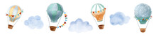 Watercolor Hot Air Balloons With Clouds Set Isolated 