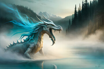 Sticker - Fantasy friendly dragon portrait. Surreal artwork of danger dragon from medieval mythology