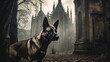 belgian malinois dog in a spooky halloween setting, gothic, castle background