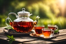 Black Tea In Glass Cup And Teapot On Summer Outdoor Background. Copy Space