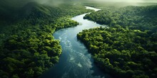 Generative AI, Green Beautiful Amazonian Jungle Landscape With Trees And River, Drone View