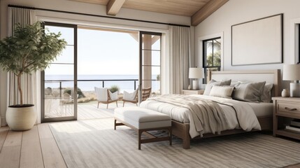 Wall Mural - cozy modern primary master bedrooom with pale colors and wood accents