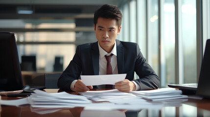 Serious busy young Asian professional business man executive ceo manager sitting at desk in office working checking corporate financial accounting documents feeling worried about taxes or bills