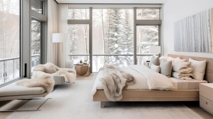 Wall Mural - Modern cozy minimalist house bedroom with snowy forest outside