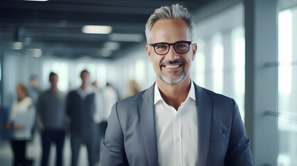 Wall Mural - Smiling confident mature businessman looking at camera standing in office. Elegant stylish corporate leader successful ceo executive manager wearing glasses posing for headshot business portrait