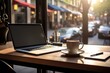 A digital nomad's workstation set up at a bustling urban coffee shop, laptop open, headphones on, with a double shot espresso next to a notepad