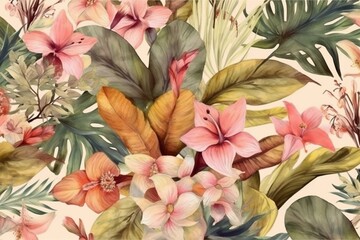  Pattern with tropical flora. Watercolor style. Generative AI
