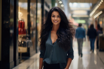 Wall Mural - An elegant beautiful woman with a smile walks in a shopping center