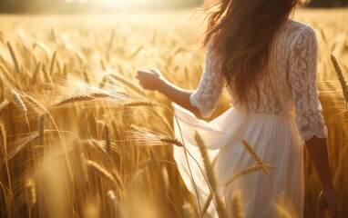 Wall Mural - Walking Through Field. Young girl walking through field and touches wheat. Generative AI