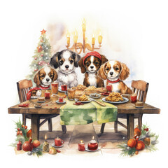 Watercolor Christmas Puppy Illustration, Generative Ai