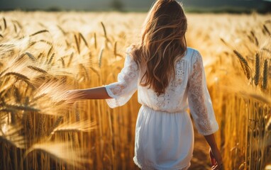 Wall Mural - Walking Through Field. Young girl walking through field and touches wheat. Generative AI