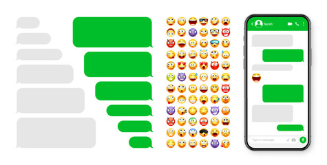 Smartphone messaging app, user interface design with emoji. SMS text frame. Chat screen with green message bubbles. Texting app for communication. Social media application. Vector illustration
