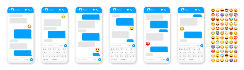 Smartphone messaging app, user interface design with emoji. SMS text frame. Chat screen with blue message bubbles. Texting app for communication. Social media application. Vector illustration