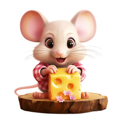 Sticker - cute mouse wearing pink plaid shirt, citting on a block of cheese, clip art