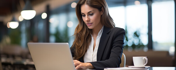 Wall Mural - Professional female employee or a businesswoman using a laptop in a public place. Copy space