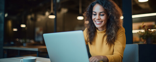 Wall Mural - Professional female employee or a businesswoman using a laptop in a public place. Copy space