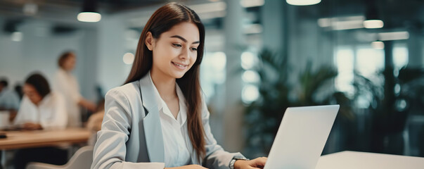 Wall Mural - Professional female employee or a businesswoman using a laptop in a public place. Copy space