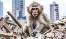 Portrait Of Macaque Monkey Amidst Pile Of Stones In Ruins Of House After An Earthquake Against Backdrop Of City.