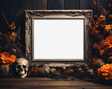 8x10 Spooky Halloween Autumn Picture Frame Mockup With Dark Decor