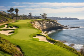 Wall Mural - Scenic green golf course with breathtaking views in La Jolla, California. Generative AI