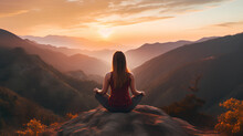 Young Woman Practicing Yoga In Mountains At Sunset Panoramic Banner. Harmony, Meditation, Healthy Lifestyle, Relaxation, Yoga, Self Care, Mindfulness Concept