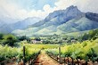Scenic watercolor of lush vineyards and majestic mountains. Generative AI