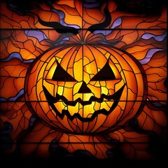 Wall Mural - Halloween Pumpkin Jack’O Lantern Stained Glass Window Illustration Background