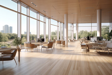 Poster - A modern spacious office hall with panoramic windows and a perspective in natural beige, brown tones