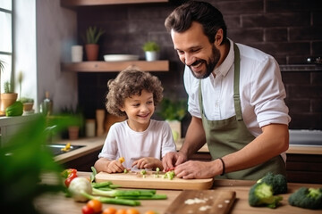 Cheerful dad and kid having fun while cooking together