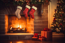 Christmas Stocking On Fireplace Background