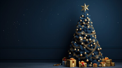 Wall Mural - Christmas tree with decoration in the navy blue background