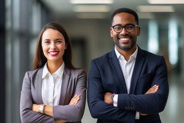 Wall Mural - Happy confident business team people two Latin and African American colleagues standing in office