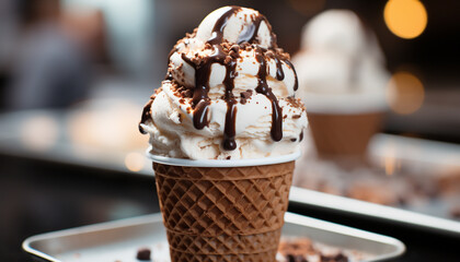 Canvas Print - Close up of a delicious ice cream sundae on a table generated by AI