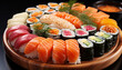Freshness of seafood in a close up plate of Japanese sushi generated by AI