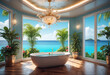 Salle de bain d'un hôtel de luxe avec vue panoramique sur la mer