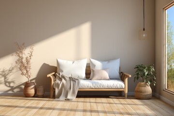 Wall Mural - Minimalist studio with natural wooden floor and large window in light beige color