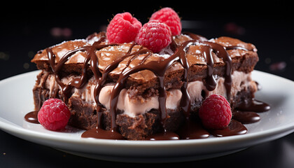 Canvas Print - Indulgent chocolate dessert with fresh berries on wooden plate generated by AI