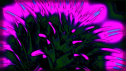 Poster - 3D animation of moving neon spikes. Design. Bright glowing spikes move in circle. Abstract opening flower with thorns