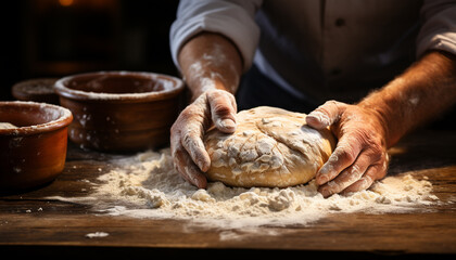 Sticker - One baker kneading dough on wooden table, preparing homemade bread generated by AI