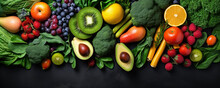 Assorted Fruits And Color Vegetables Top View. Wide Vegetable Banner.